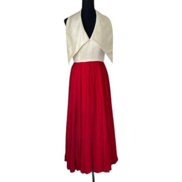 GORGEOUS Vintage 1960s Ivory Satin Halter Dress Red Chiffon Maxi Small 4 - Picture 1 of 16